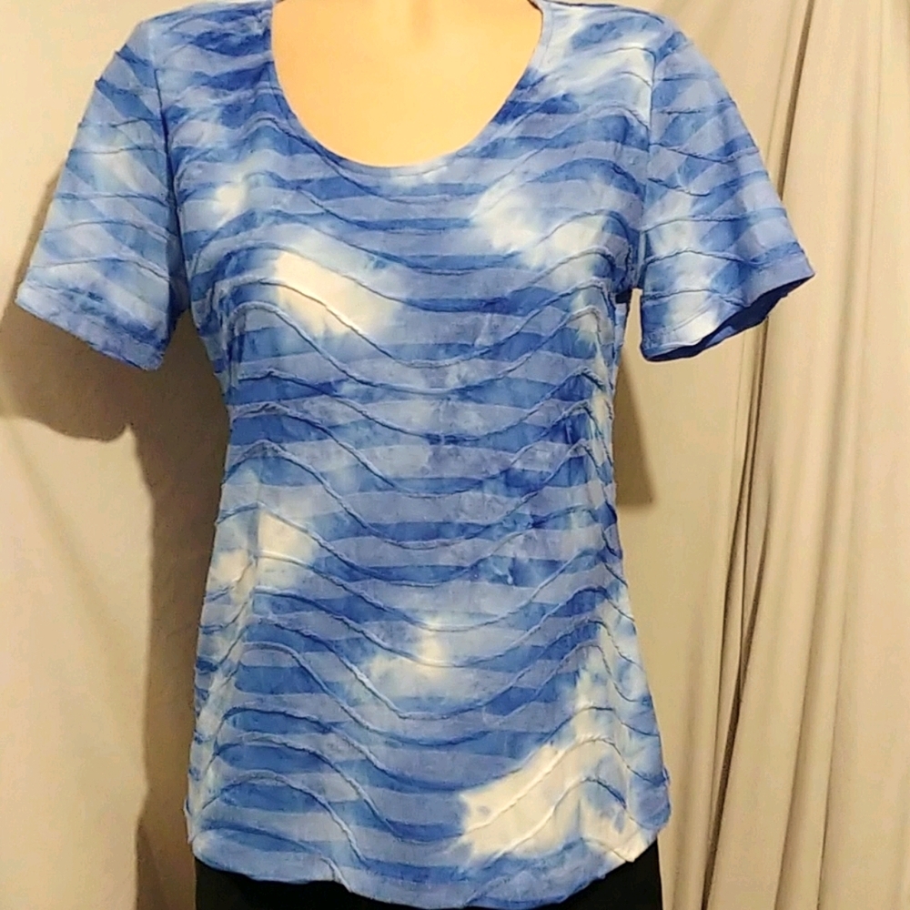 JM collection Blue and White texture dressy blouse